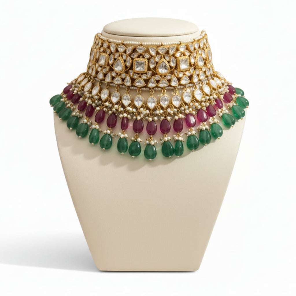 Mohini Chauser | Real Silver Moissanite Polki Jadau Necklace Set with Semi Precious Beads & Pearls,bridal necklace, Kundan Necklace - ratnalijewels