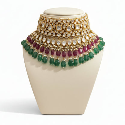 Mohini Chauser | Real Silver Moissanite Polki Jadau Necklace Set with Semi Precious Beads & Pearls,bridal necklace, Kundan Necklace - ratnalijewels