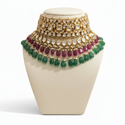 Mohini Chauser | Real Silver Moissanite Polki Jadau Necklace Set with Semi Precious Beads & Pearls,bridal necklace, Kundan Necklace - ratnalijewels