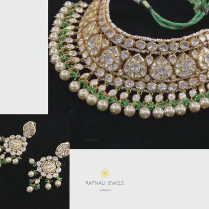 Moissanite Polki Green Bead Fringe Necklace Set