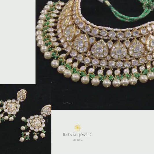 Moissanite Polki Green Bead Fringe Necklace Set
