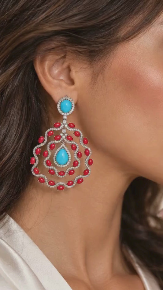 Turquoise and Coral Chandelier Earrings