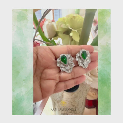Emerald Pear Leaf Stud Earrings