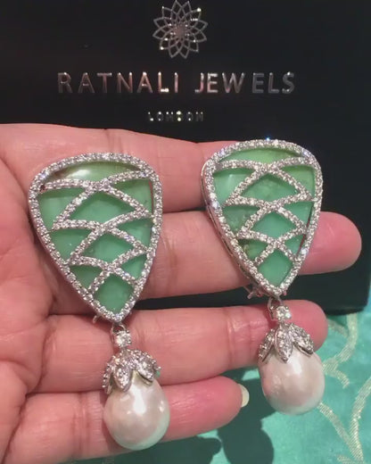 Jade, Simulated Diamond and Baroque Pearl Drop Earrings