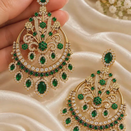 extra large emerald chandbali earrings, gold polish finish with CZ diamonds