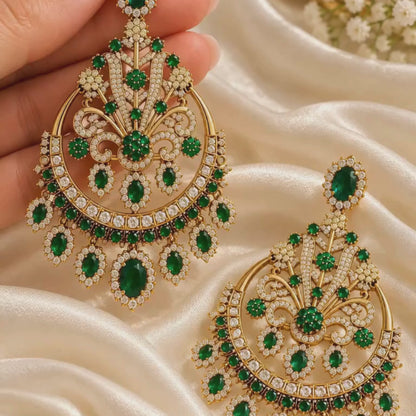extra large emerald chandbali earrings, gold polish finish with CZ diamonds