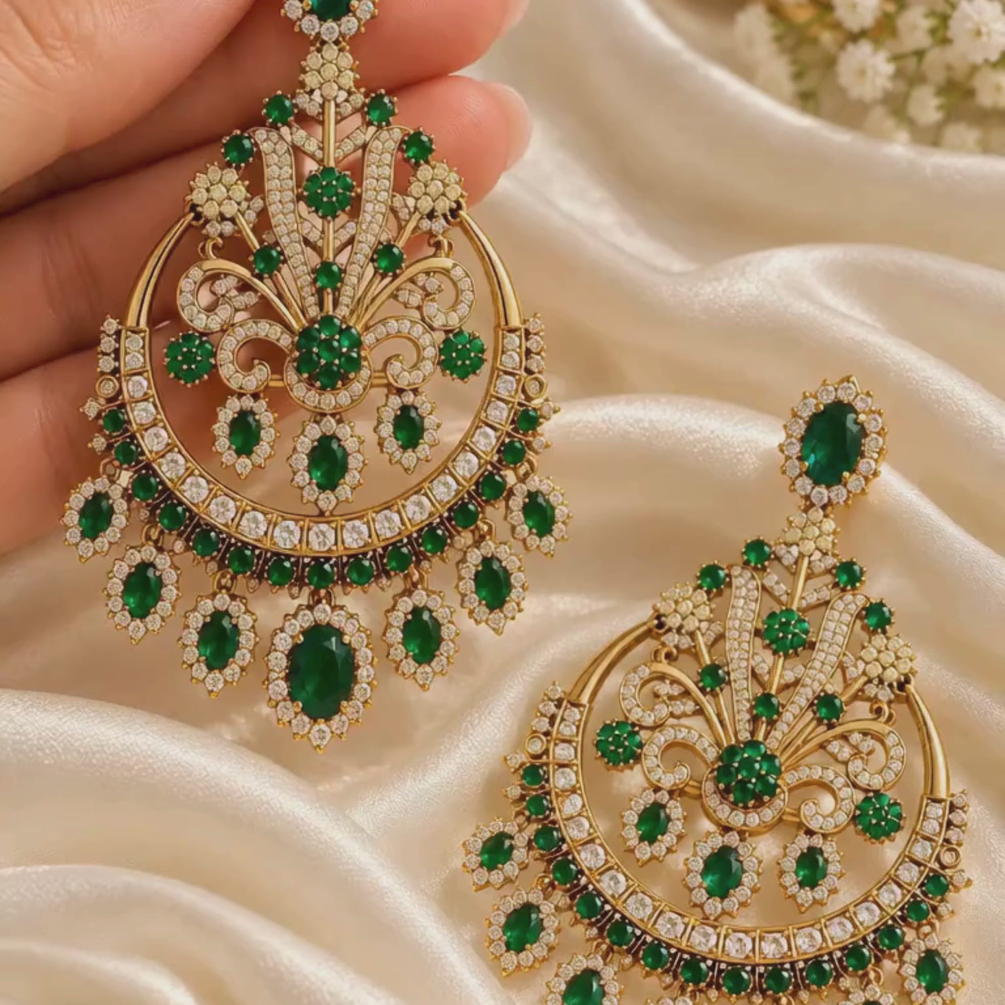 extra large emerald chandbali earrings, gold polish finish with CZ diamonds