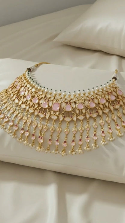 Pink Tourmaline Polki and Pearl Necklace & Jhumka Set