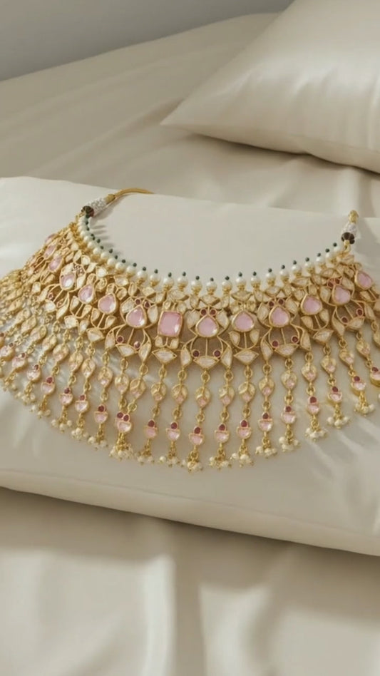 Pink Tourmaline Polki and Pearl Necklace & Jhumka Set