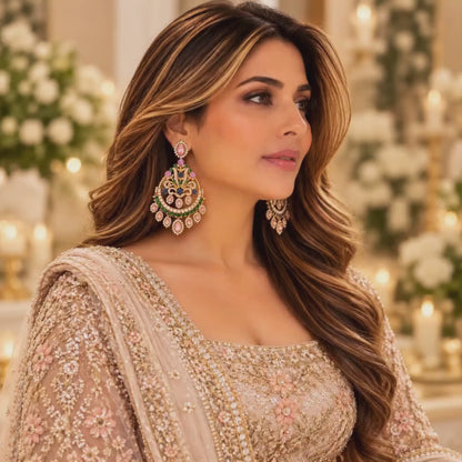 Gold Plated Chandbali Statement Earrings with Pink Gemstones