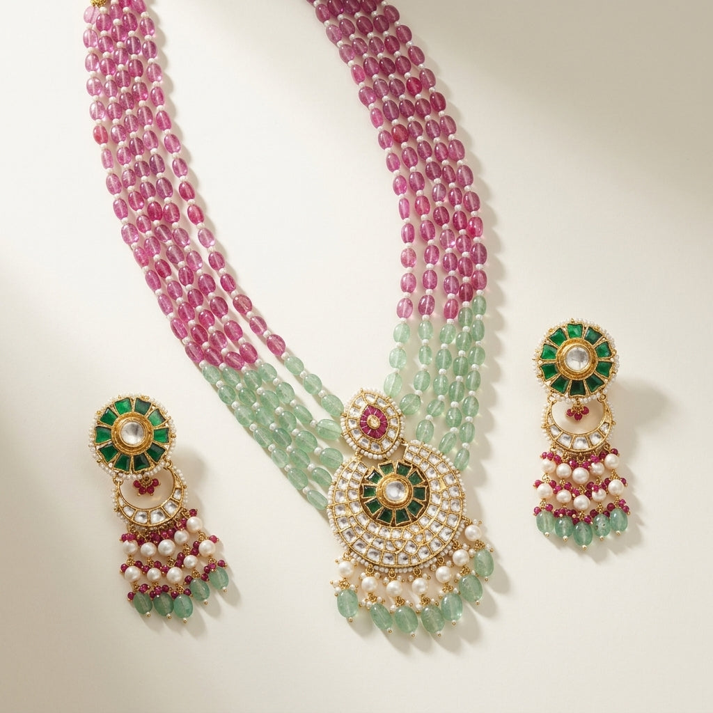 Moissanite Polki Jadau Necklace with Semi Precious Beads & Pearls - ratnalijewels