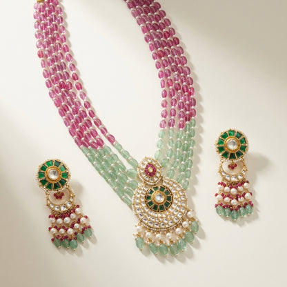 Moissanite Polki Jadau Necklace with Semi Precious Beads & Pearls - ratnalijewels
