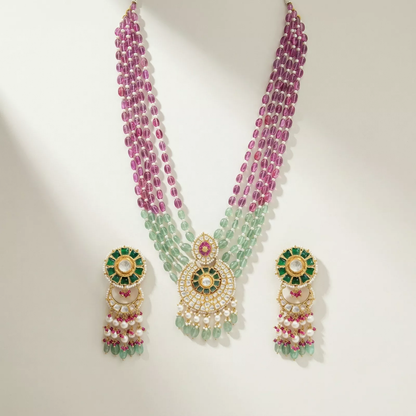 Moissanite Polki Jadau Necklace with Semi Precious Beads & Pearls - ratnalijewels