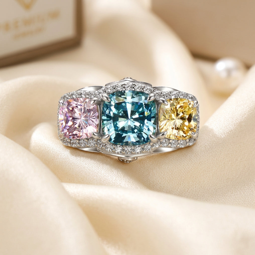 Rainbow three stone cocktail silver ring, side view - Ratnali Jewels