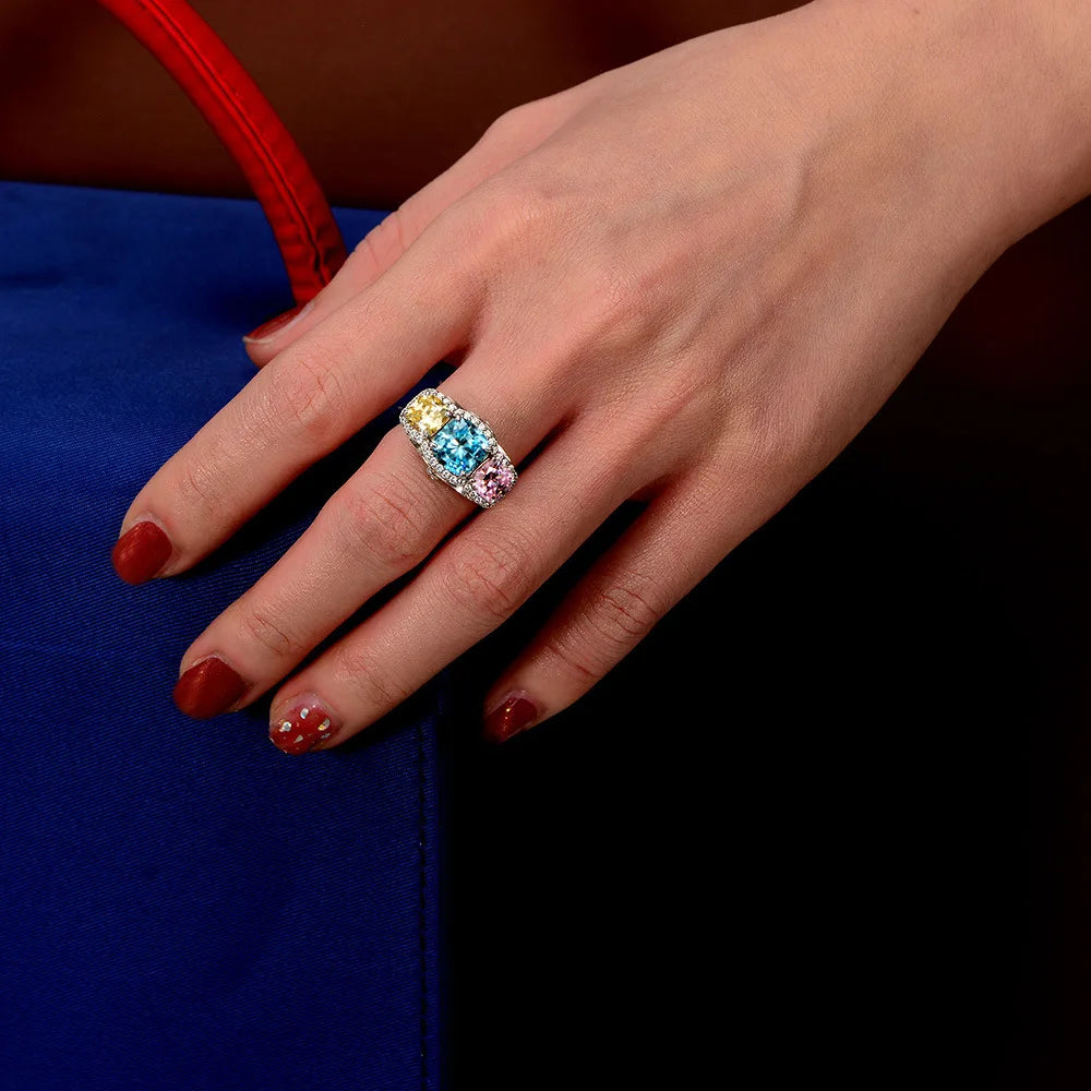 Rainbow three stone cocktail silver ring on dark background - Ratnali Jewels