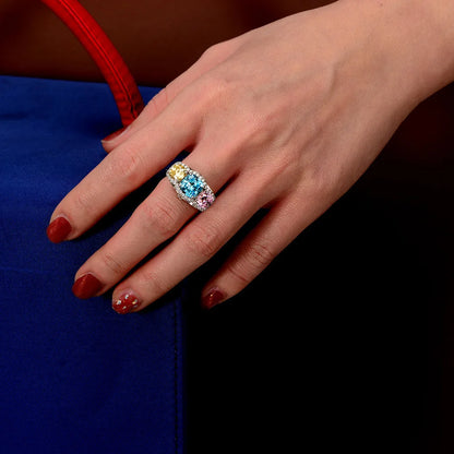 Rainbow three stone cocktail silver ring on dark background - Ratnali Jewels