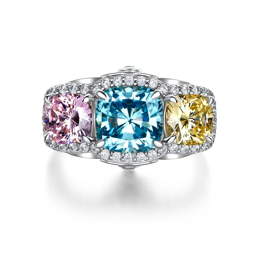 Rainbow three stone cocktail silver ring, teal pink and yellow stones - Ratnali Jewels