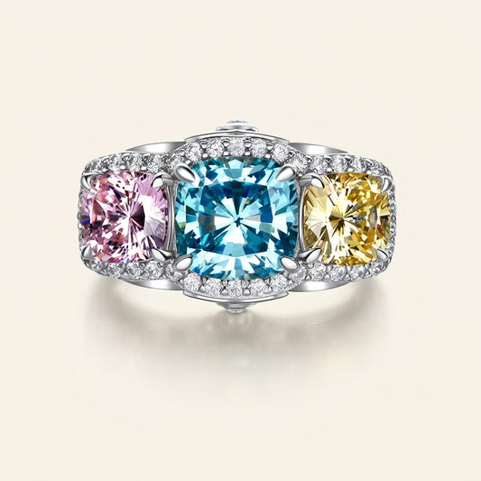 Rainbow three stone cocktail silver ring, teal pink and yellow stones - Ratnali Jewels