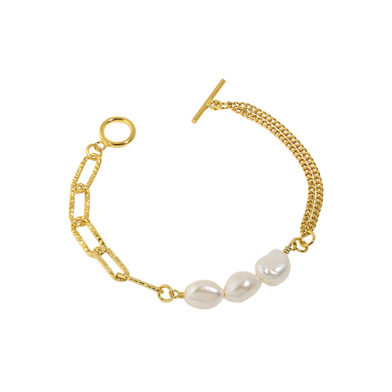 Baroque Pearl Mixed Link Bracelet in 925 sterling silver. Three baroque pearls meet contrasting links and a toggle clasp.