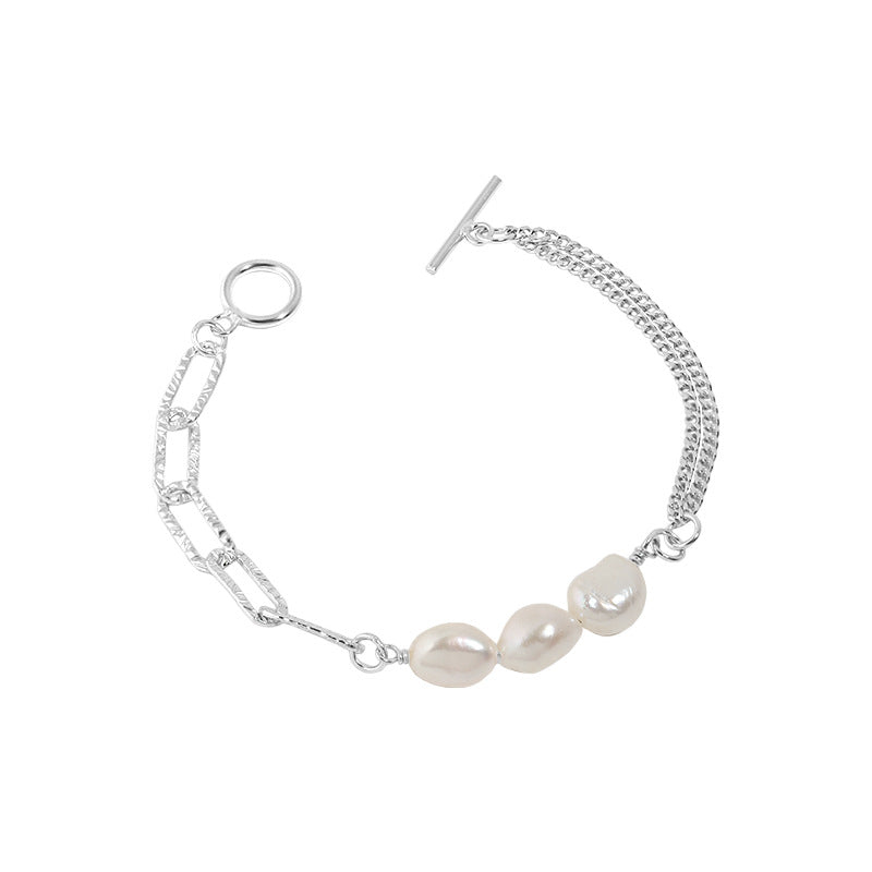 Baroque Pearl Mixed Link Bracelet in 925 sterling silver. Three baroque pearls meet contrasting links and a toggle clasp.