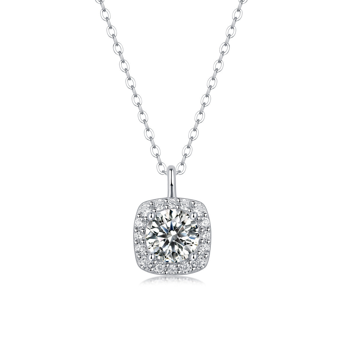 Moissanite Cushion Halo Pendant Necklace in 925 sterling silver. A round moissanite centre in a cushion halo on a fine bead chain.