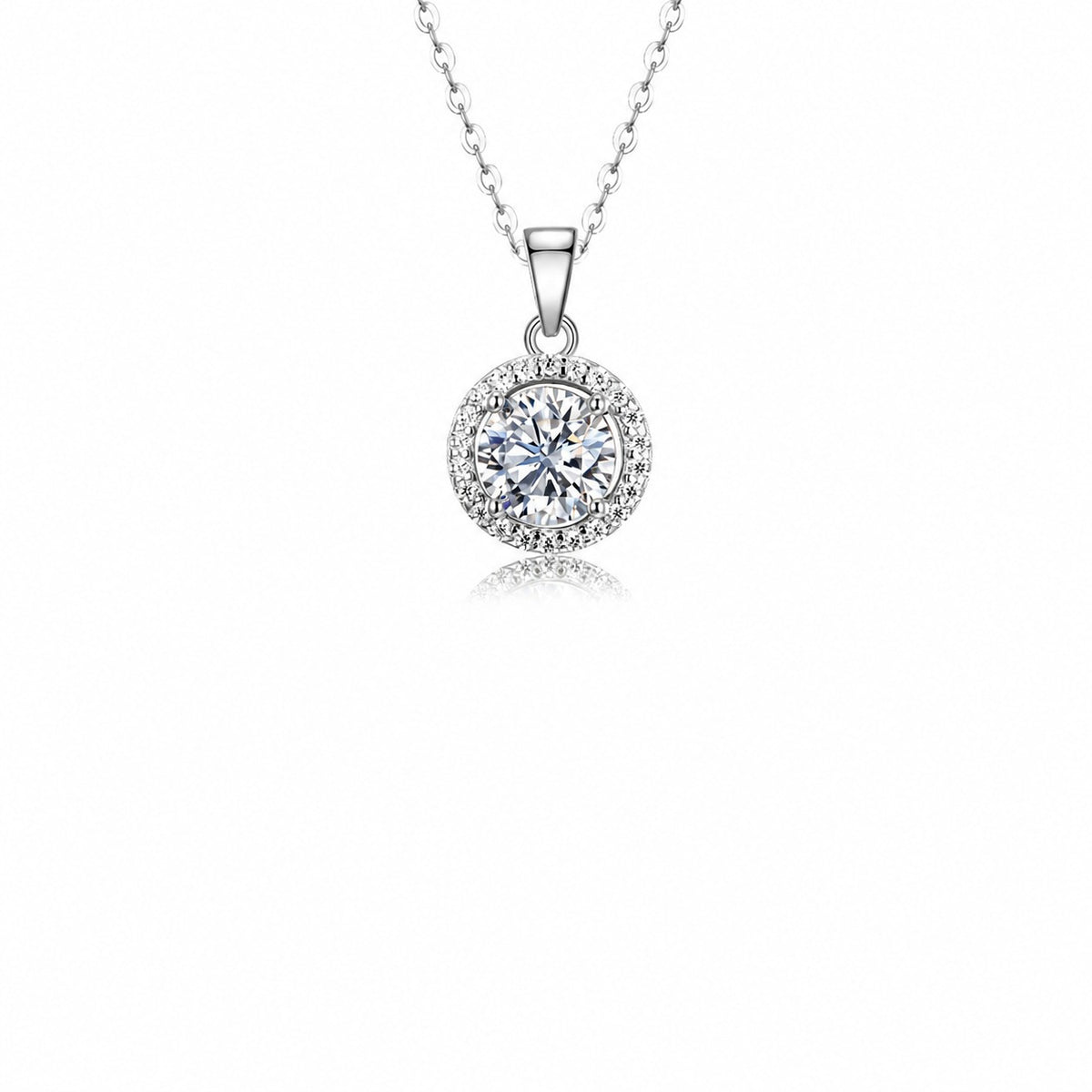 Moissanite Halo Pendant Necklace in 925 sterling silver. A white moissanite centre with a halo in four pendant shapes.