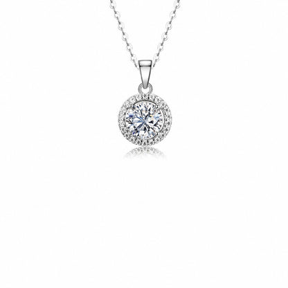 Moissanite Halo Pendant Necklace in 925 sterling silver. A white moissanite centre with a halo in four pendant shapes.