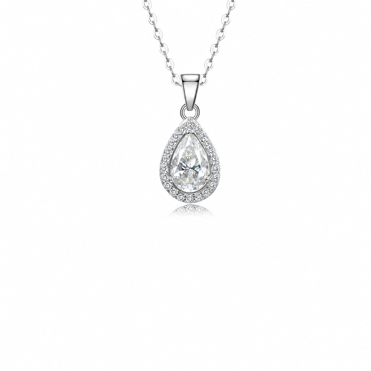 Moissanite Halo Pendant Necklace in 925 sterling silver. A white moissanite centre with a halo in four pendant shapes.