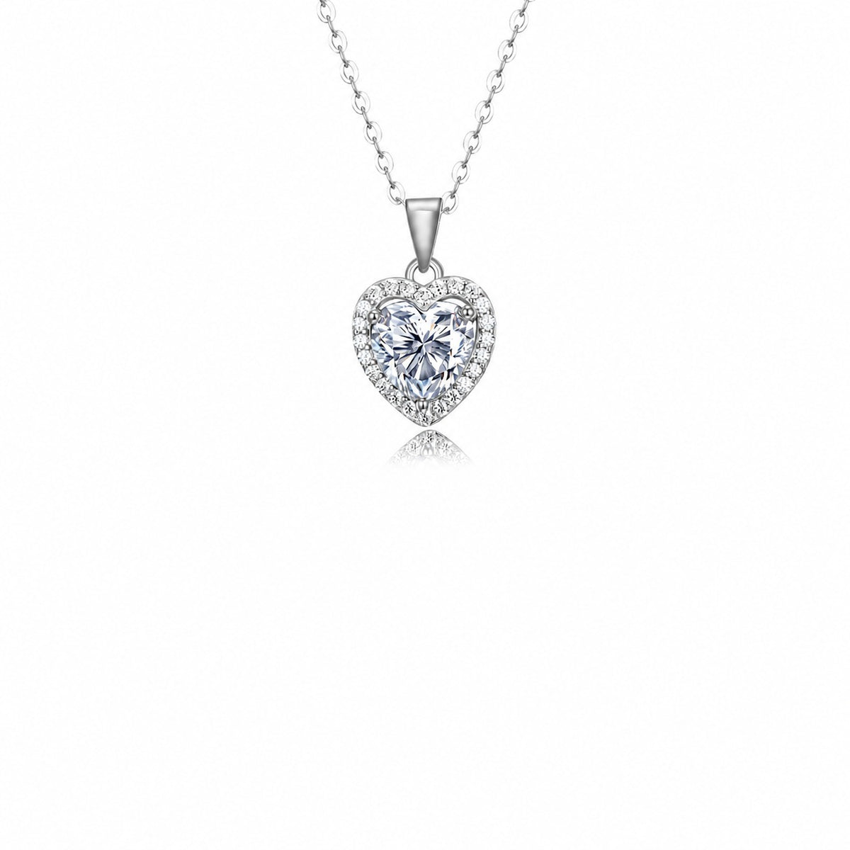 Moissanite Halo Pendant Necklace in 925 sterling silver. A white moissanite centre with a halo in four pendant shapes.