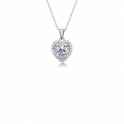 Moissanite Halo Pendant Necklace in 925 sterling silver. A white moissanite centre with a halo in four pendant shapes.