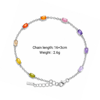 Multicolour Oval Station Bracelet in 925 sterling silver. Colourful oval stones spaced along a delicate adjustable chain.