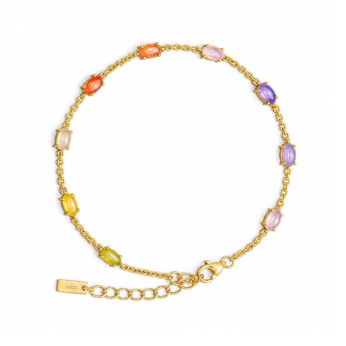 Multicolour Oval Station Bracelet in 925 sterling silver. Colourful oval stones spaced along a delicate adjustable chain.