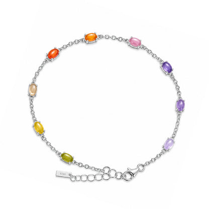 Multicolour Oval Station Bracelet in 925 sterling silver. Colourful oval stones spaced along a delicate adjustable chain.