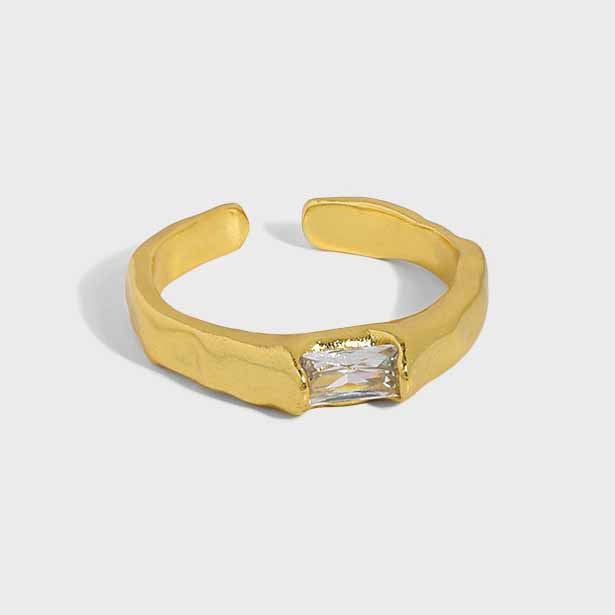Rectangle Accent Open Ring in 925 sterling silver. A rectangular cubic zirconia accents a textured adjustable band.