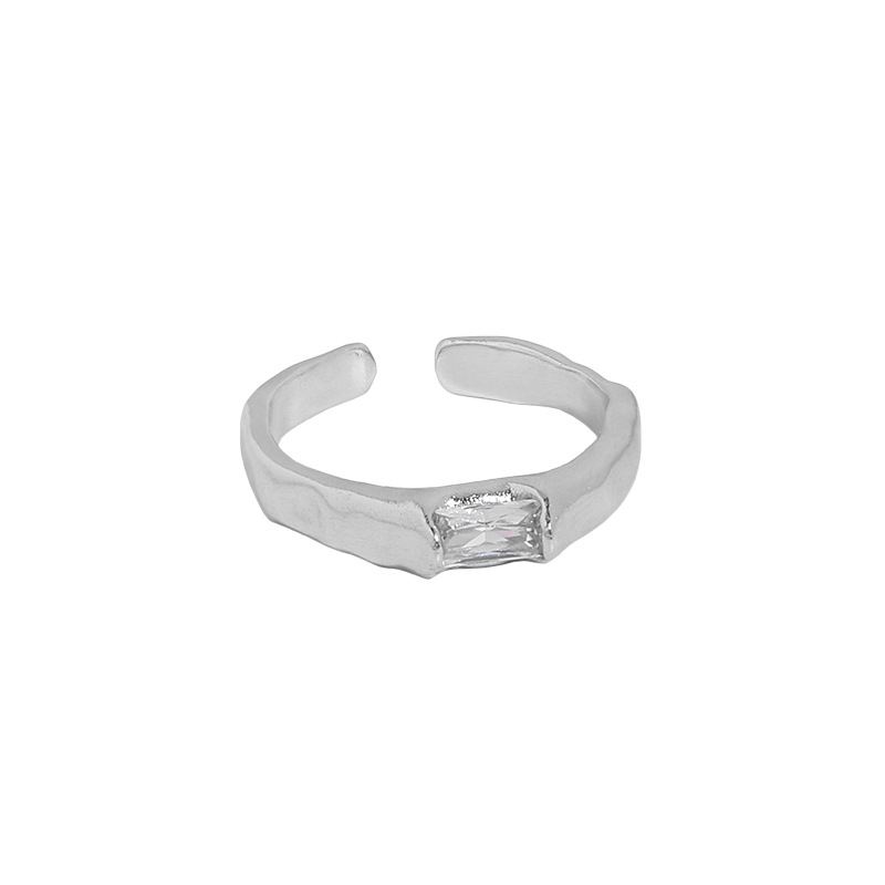 Rectangle Accent Open Ring in 925 sterling silver. A rectangular cubic zirconia accents a textured adjustable band.