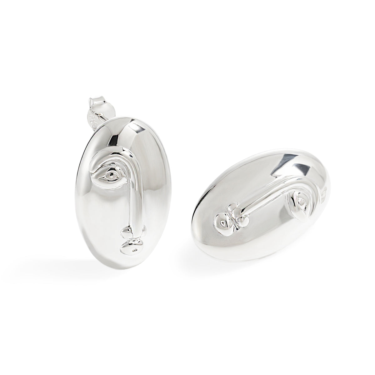 Sculpted Oval Stud Earrings in 999 fine silver. Elongated organic ovals with a reflective sculpted surface.