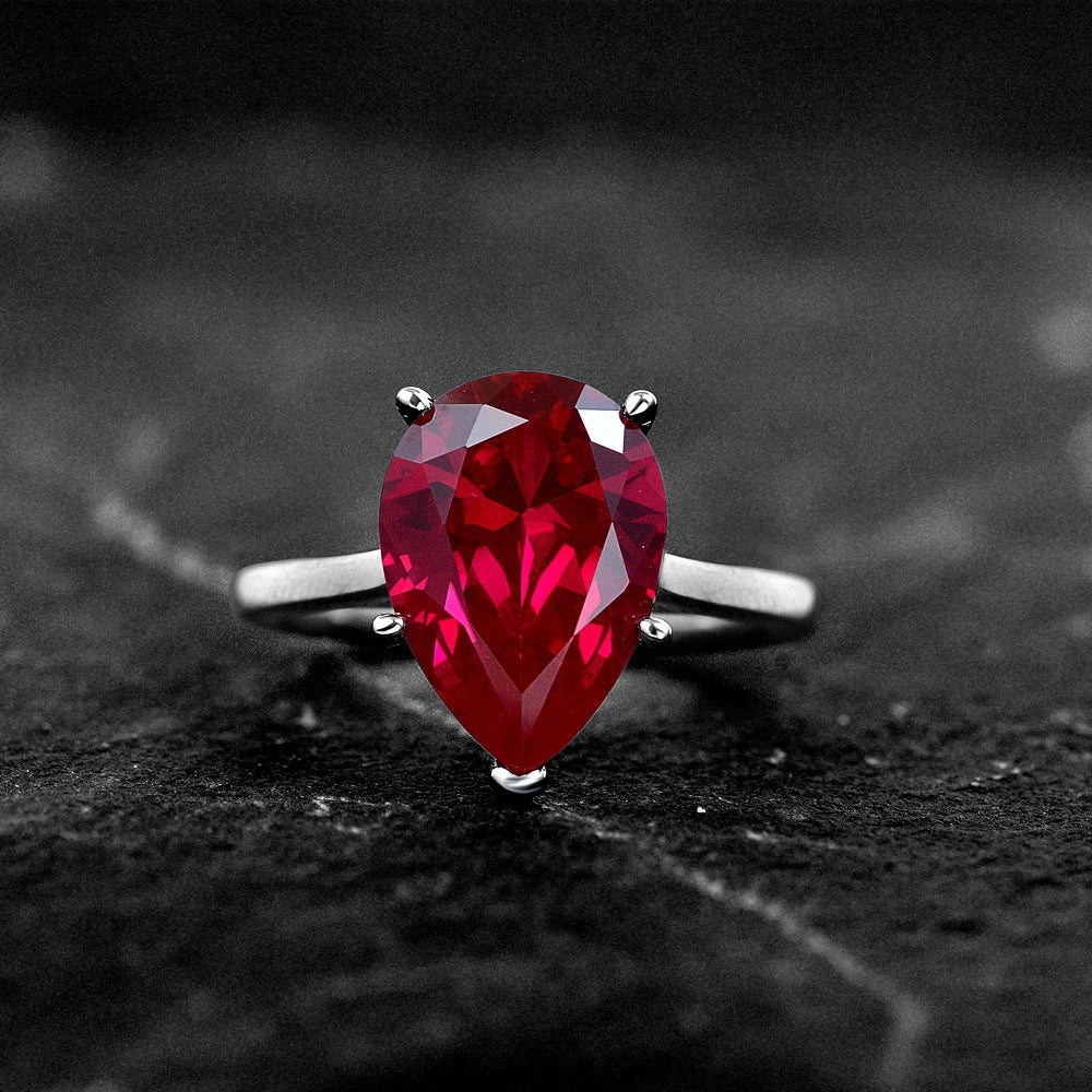 Red teardrop solitaire silver ring - Ratnali Jewels