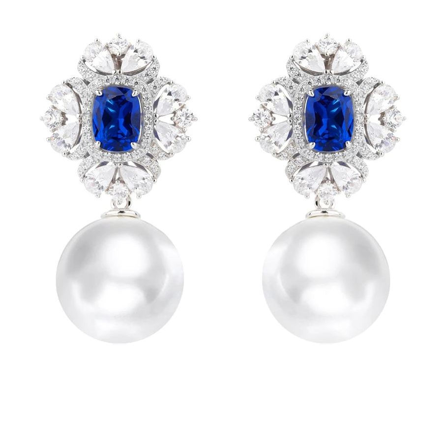 Sapphire Blue CZ Pearl Drop Earrings - Ratnali Jewels