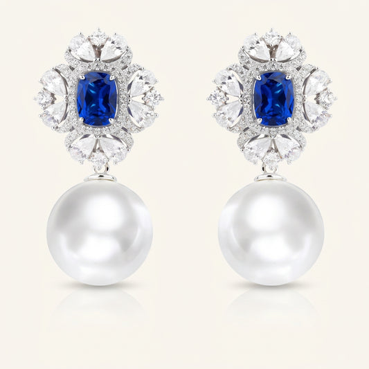 Sapphire Blue CZ Pearl Drop Earrings - Ratnali Jewels