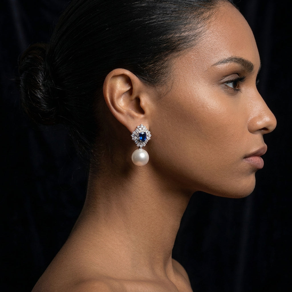 Sapphire Blue CZ Pearl Drop Earrings view 3 - Ratnali Jewels