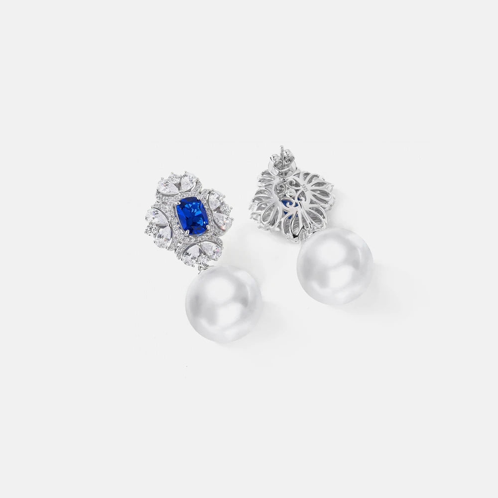 Sapphire Blue CZ Pearl Drop Earrings view 6 - Ratnali Jewels