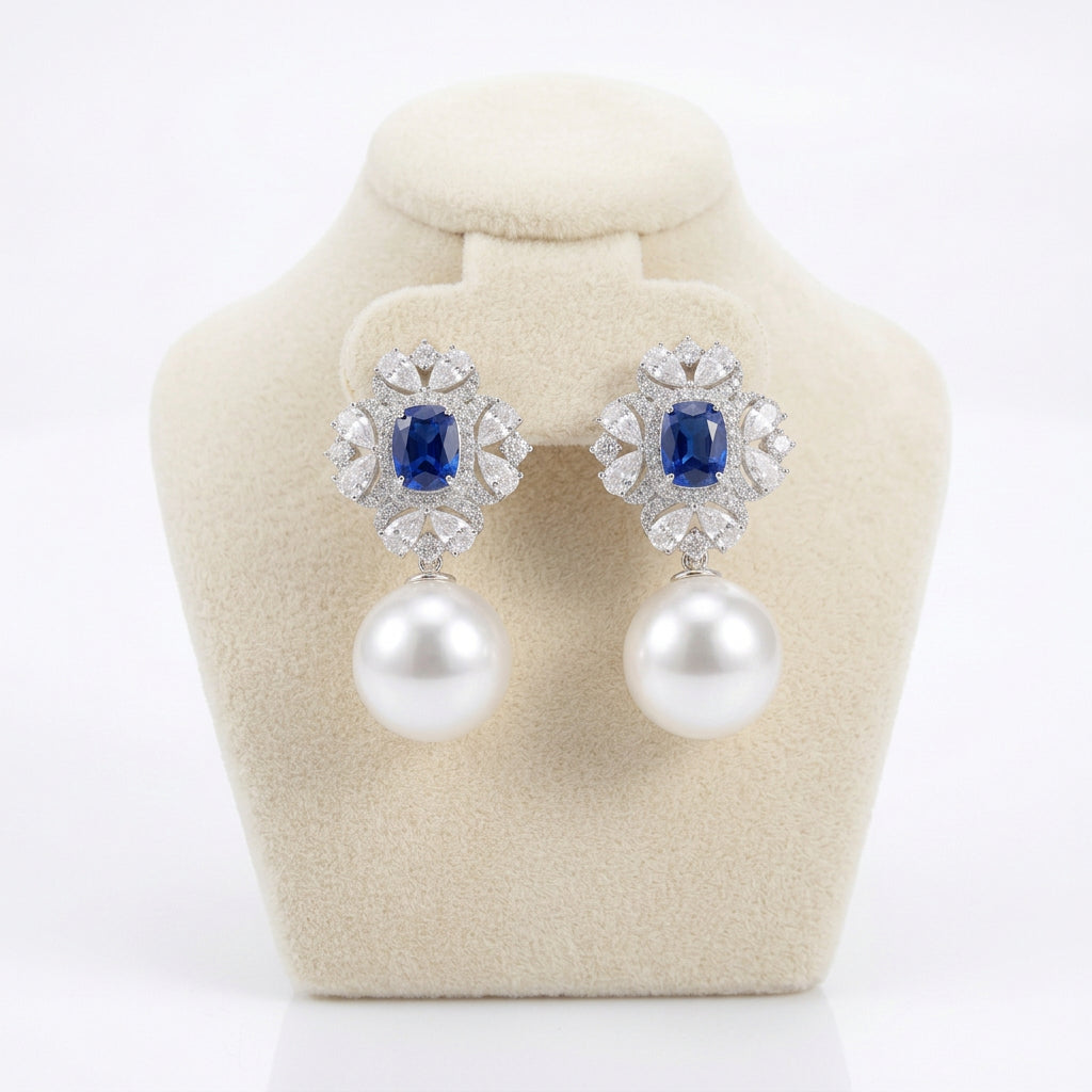 Sapphire Blue CZ Pearl Drop Earrings view 7 - Ratnali Jewels
