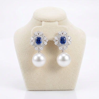 Sapphire Blue CZ Pearl Drop Earrings view 7 - Ratnali Jewels