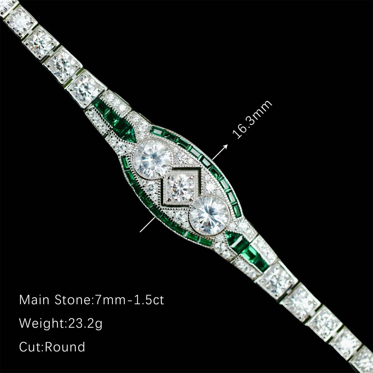 Close up of lab created emeralds and 5A CZ on the classic bracelet