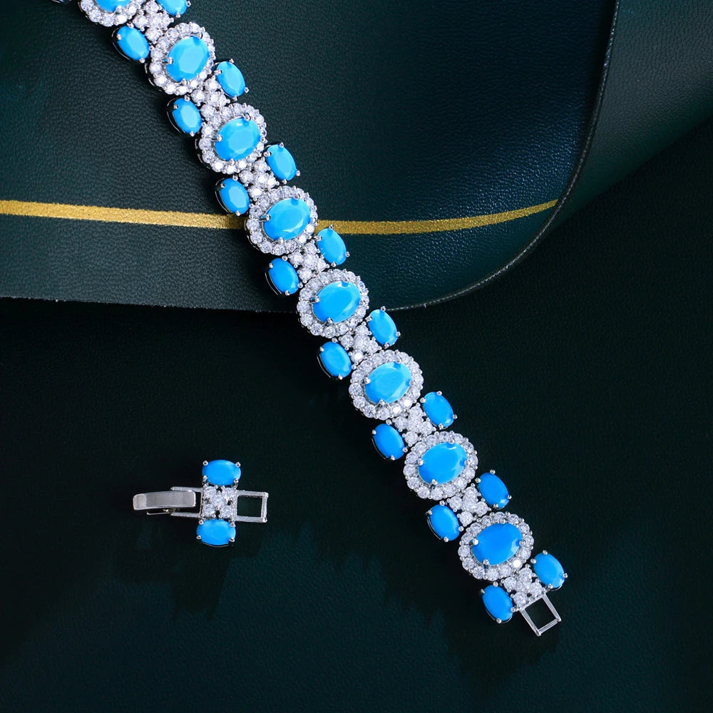 Turquoise CZ bridal bracelet with hidden safety clasp