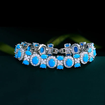 Turquoise oval CZ bracelet in silver tone, detail