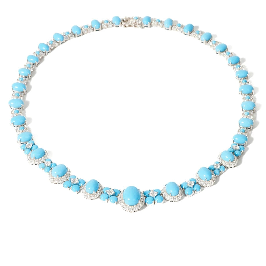 Silver turquoise classic pendant necklace, 17 inch, with reconstituted turquoise and 5A CZ in rhodium plated 925 sterling silver