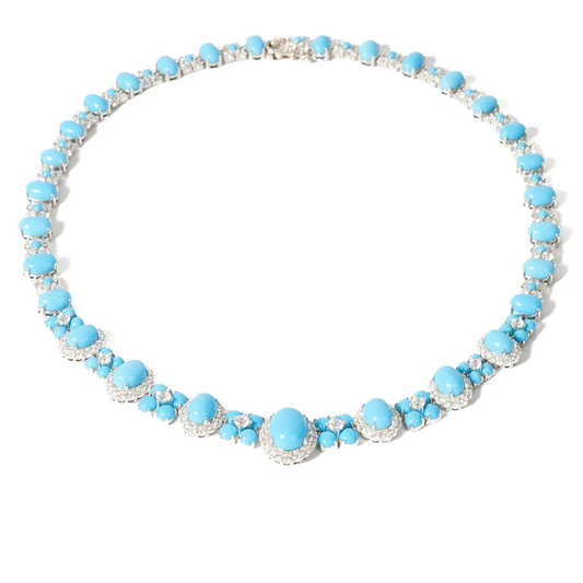 Silver turquoise classic pendant necklace, 17 inch, with reconstituted turquoise and 5A CZ in rhodium plated 925 sterling silver