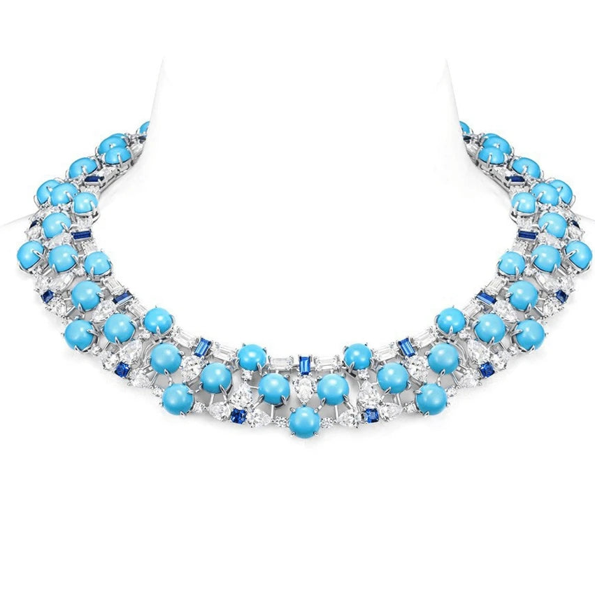 Silver turquoise collarbone pendant necklace with reconstituted turquoise and 5A CZ in rhodium plated 925 sterling silver