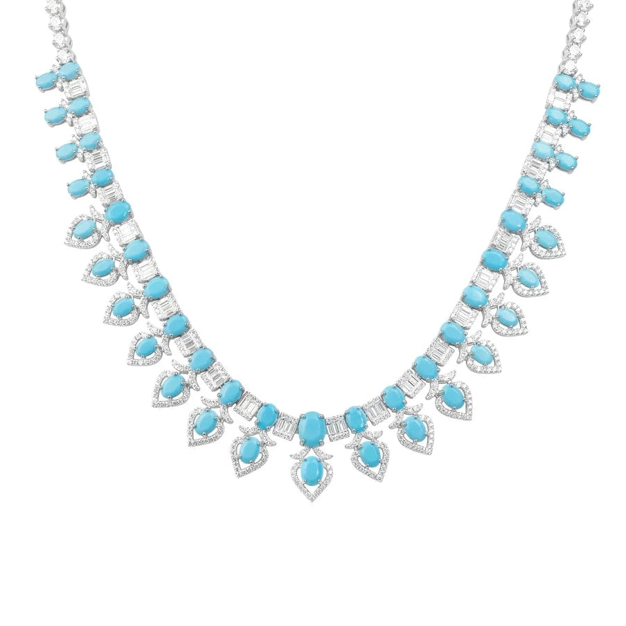 Silver turquoise geometric pendant necklace, 18 inch, with reconstituted turquoise and 5A CZ in rhodium plated 925 sterling silver